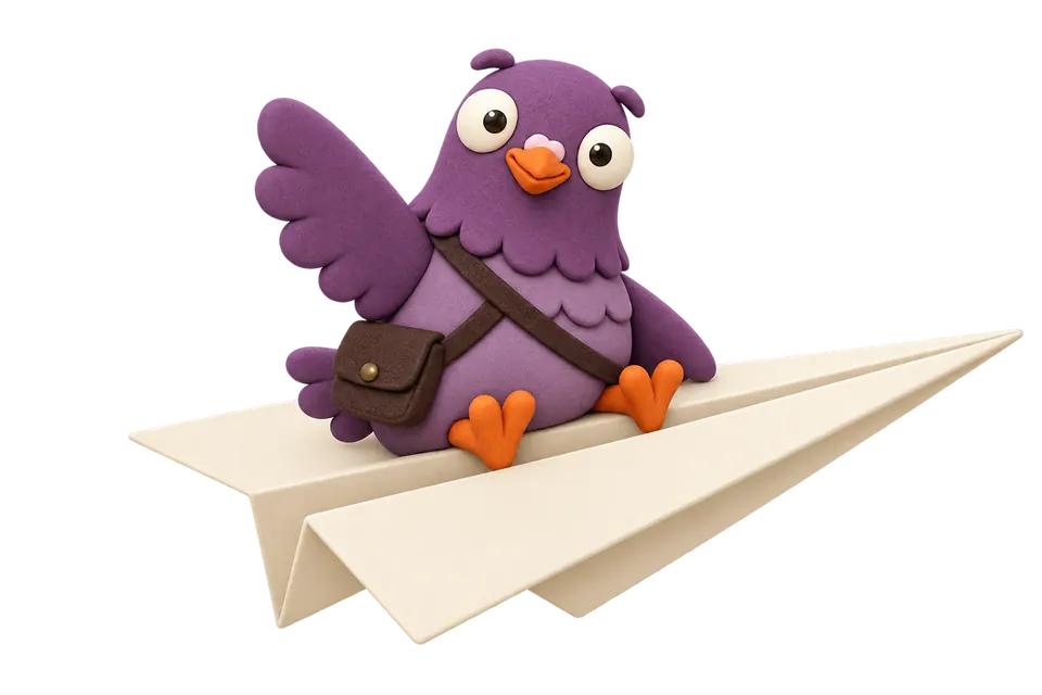 Purple Pomba riding an ivory paper airplane