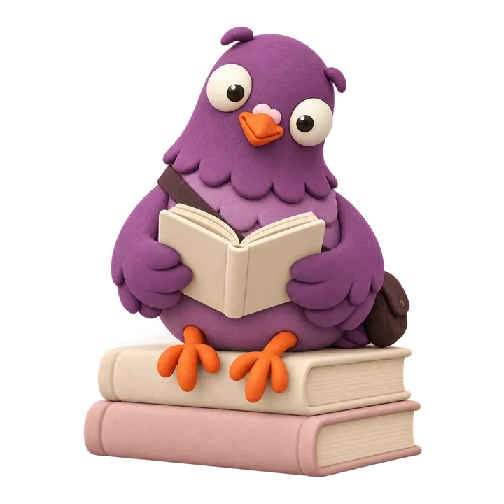 Purple Pomba reading a book