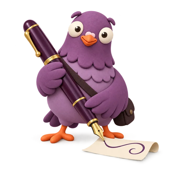 Purple Pomba drawing a flourish with a fountain pen